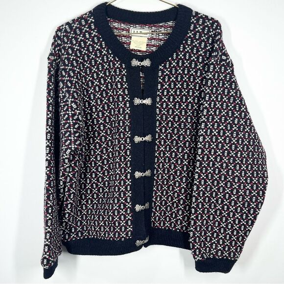VTG 90s L.L. Bean Wool Blend Nordic Birdseye Silver Clasp Cardigan Sweater M - Picture 1 of 14